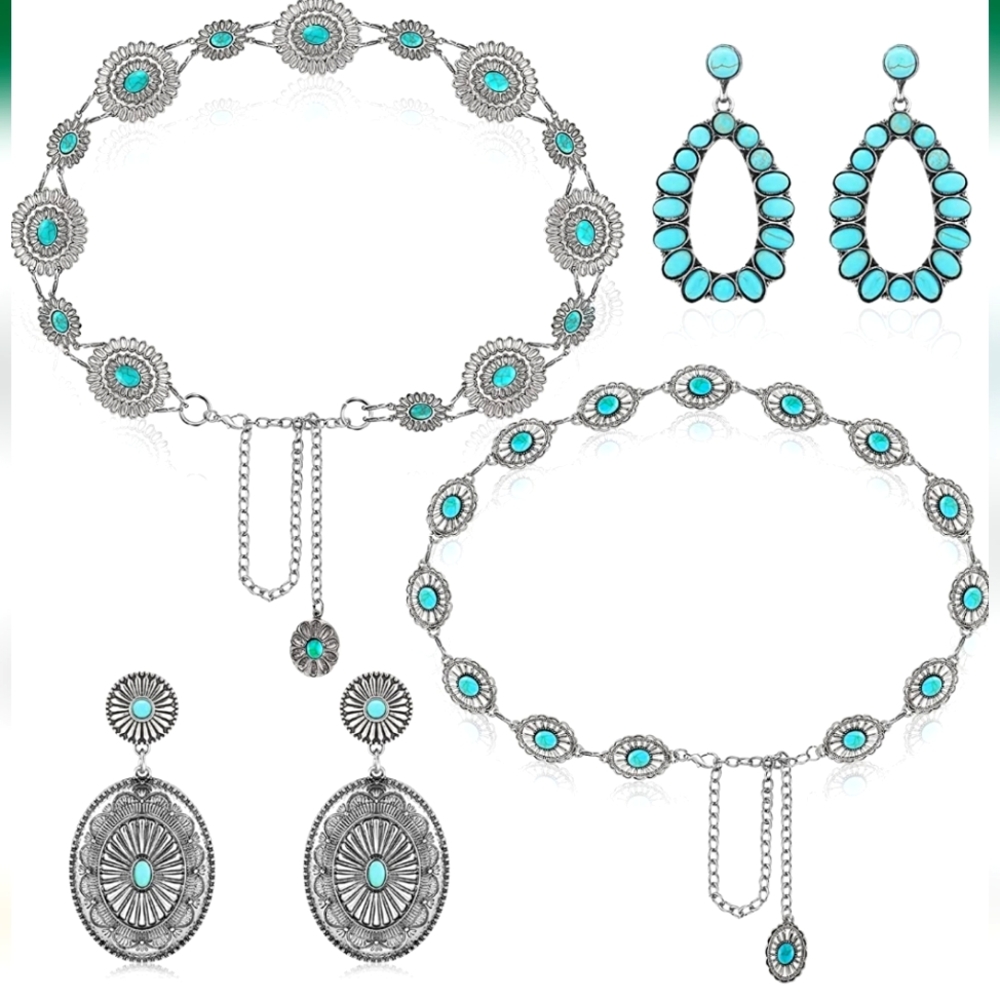 2 Concho Chain Belts with 2 sets of Bohemian Dangle Metal Large Oval earrings